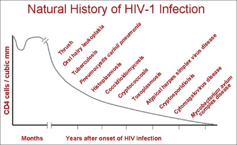 Opportunistic infections associated with advanced human immunodeficiency virus disease [adapted from http://www.microbiologybook.org/lecture/images/natural-history.gif]
