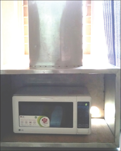 Microwave oven placed in a stainless steel enclosure fitted with vent opening to the exterior environment