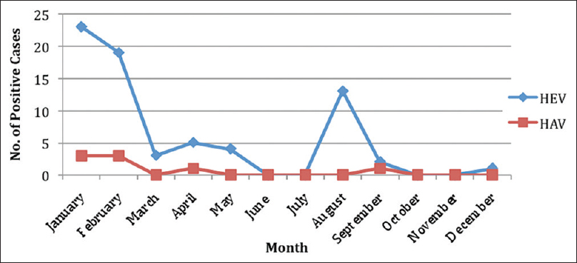 Seasonal distributions of positive cases of hepatitis A virus and hepatitis E virus