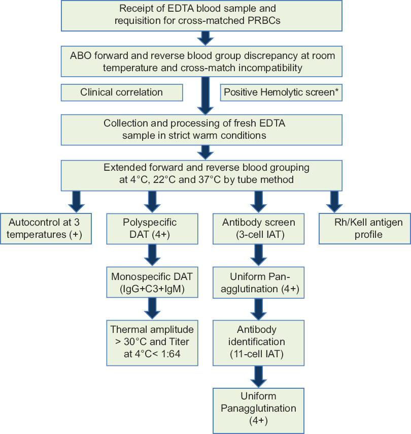 Flowchart for immunohematological workup of both cases of mixed autoimmune hemolytic anemia. *Hemolytic screen (complete hemogram, peripheral smear, corrected reticulocyte count, serum lactate dehydrogenase, serum indirect bilirubin, and/or urine hemosiderin)