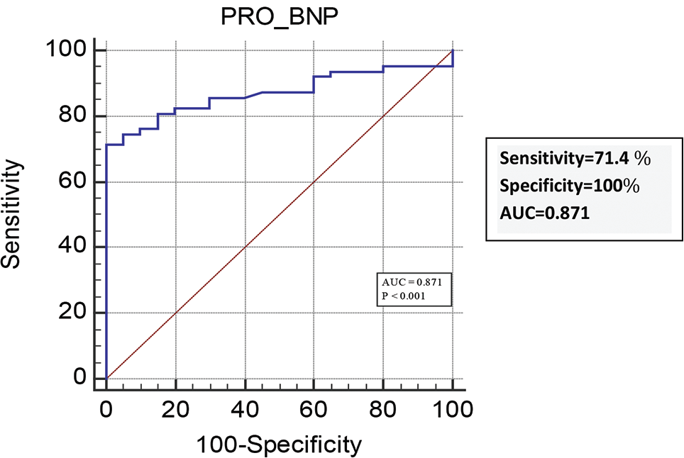 ROC curve of serum NT-proBNP. At a cut-off of 160 pg/mL, serum NT-proBNP has 71.43% sensitivity and 100% specificity in diagnosing HFpEF. HFpEF, heart failure with preserved ejection fraction; NT-proBNP, N-terminal pro-B-type natriuretic peptide; ROC, receiver operating characteristics.