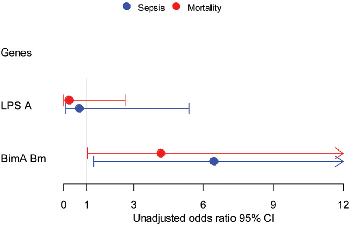 Association of virulence genes (LPS and BimA) with sepsis and mortality. CI, confidence interval; LPS, lipopolysaccharide.