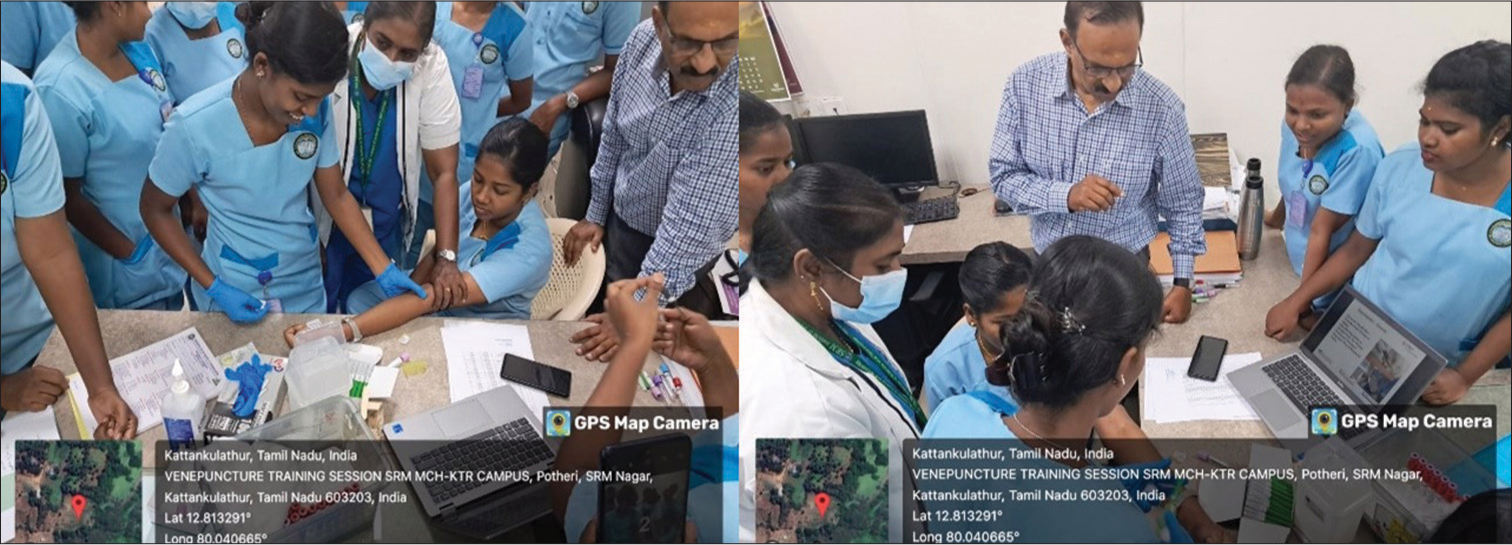 Training session conducted for critical care unit ward staff. Skill-based competency assessment was carried out for the phlebotomist in blood sample collection using vacutainer needles and tubes.