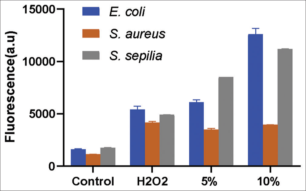 Comparison of reactive oxygen species (ROS) generation in control and VG111 treated bacterial specimens with Hydrogen peroxide (H2O2) treatment was used as a positive control for ROS induction.
