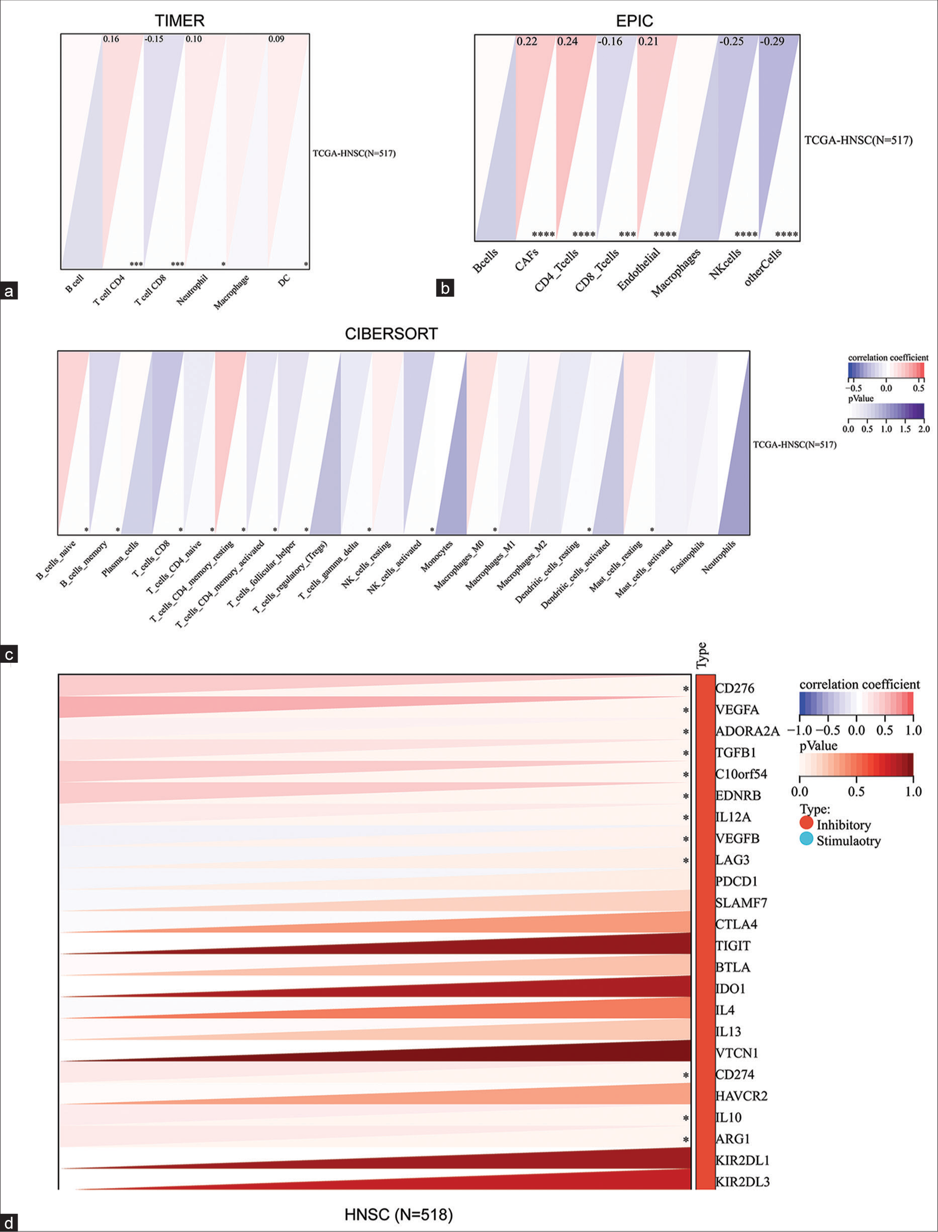 Correlation analysis of bromodomain-containing 4 (BRD4) and immunity in head-and-neck cancer (HNC). (a) BRD4 expression in HNC was assessed with the infiltration levels of different immune cells using TIMER, (b) EPIC, and (c) CIBERSORT algorithms, respectively. (d) The correlation of BRD4 with 24 immune checkpoint inhibitor-related genes in HNC was assessed. *P < 0.05; ***P < 0.001; ****P < 0.0001. CAF: Cancer-associated fibroblasts, CD: Cluster of differentiation, TGCA: The cancer genome atlas, HNSC: Head and neck squamous carcinoma