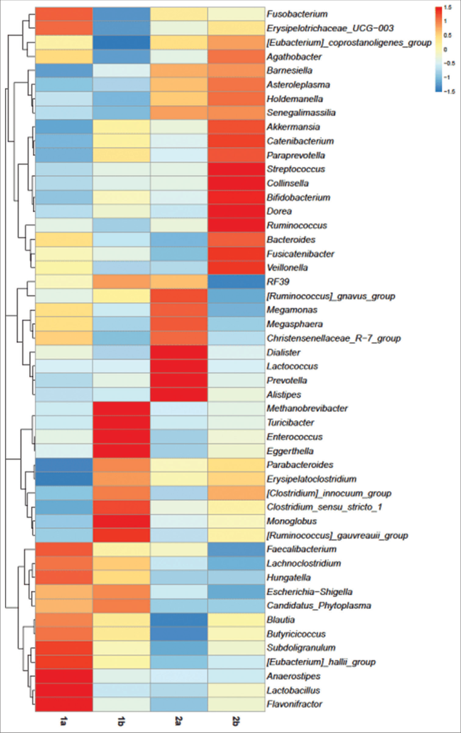 Heatmap depicting the abundance of prokaryotic genera of subgroups on day 0 and day 5. (1a) Subgroup treatment-experienced at day 0, (1b) subgroup treatment-experienced at day 5, (2a) subgroup treatment-not-experienced at day 0, and subgroup (2b) treatment-not-experienced at day 5.