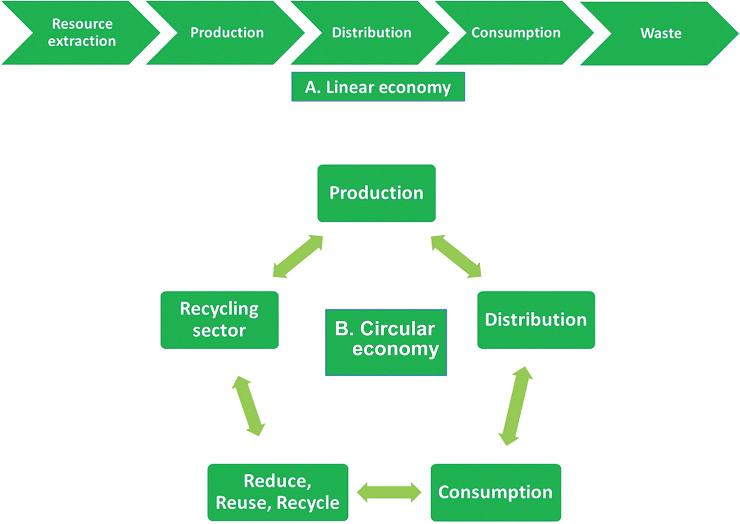 Key differences between (A) linear economy and (B) circular economy given by AkzoNobel (2015).