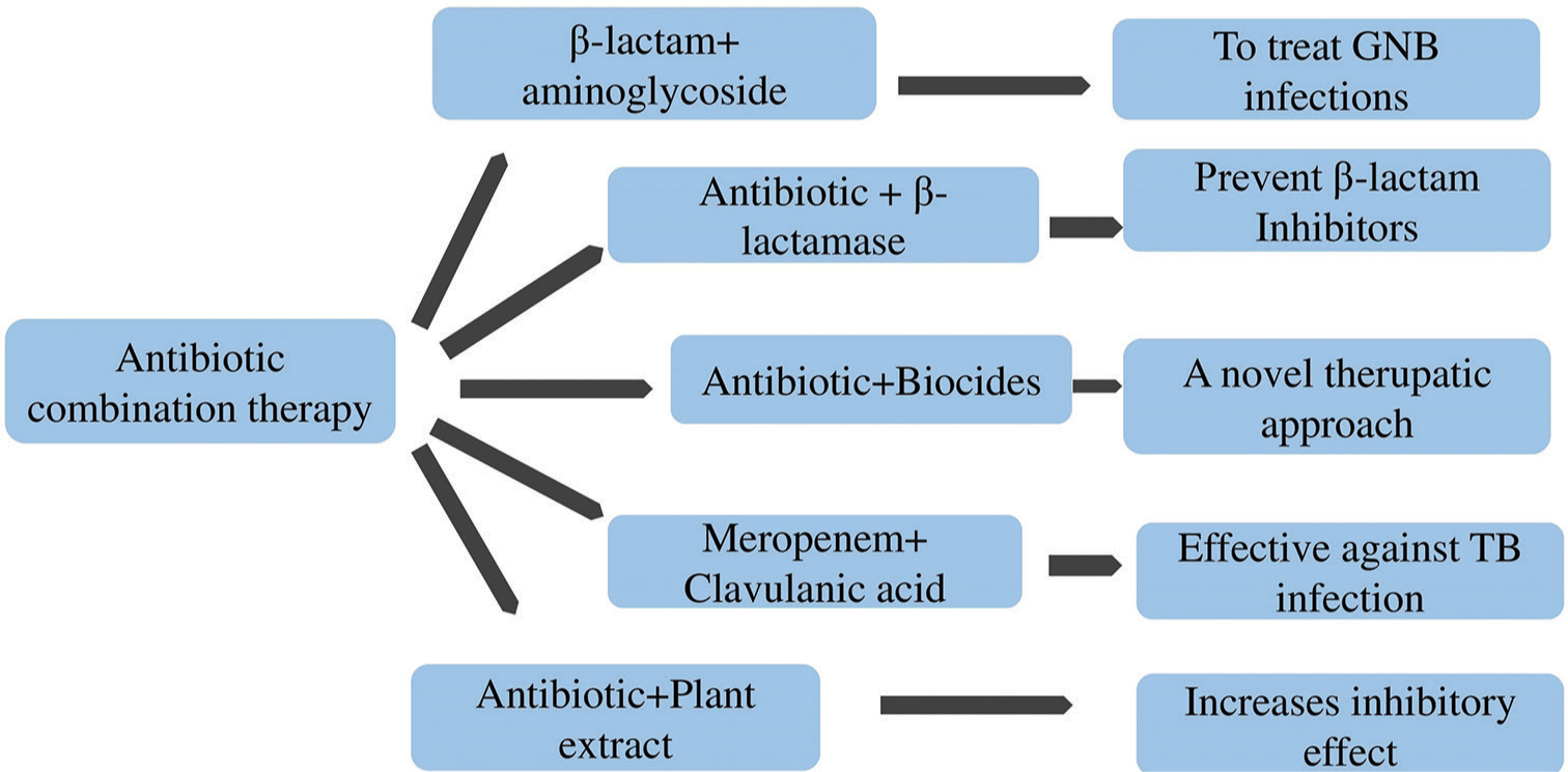 Combating antimicrobial resistance through antibiotic combination therapy. AMR: Antimicrobial resistance, RNA: Ribonucleic acid, GNB: Gram-negative bacteria, TB: Tuberculosis, CRISPR: Clustered regularly interspaced short palindromic repeats